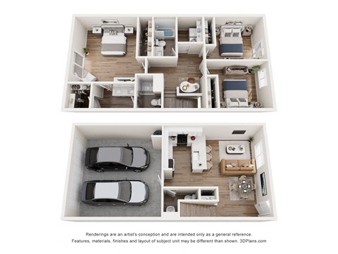 Floor plan for 3 beds, 2.5 baths, 1384 sqft